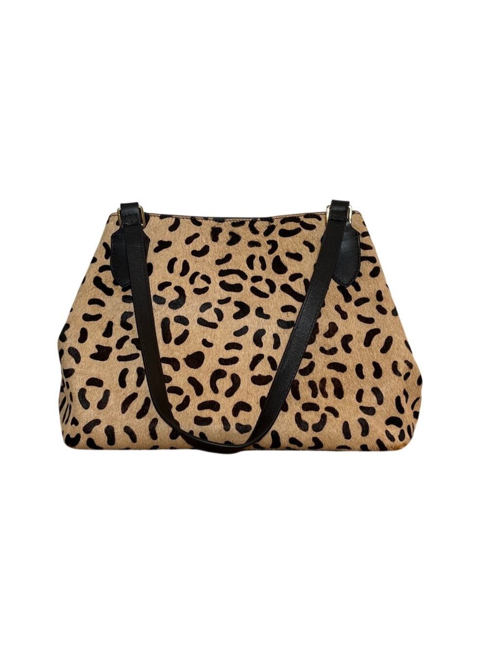 ili New York Brown Leopard Print Calf Hair Black Leather 3 Compartment RFID Bag
